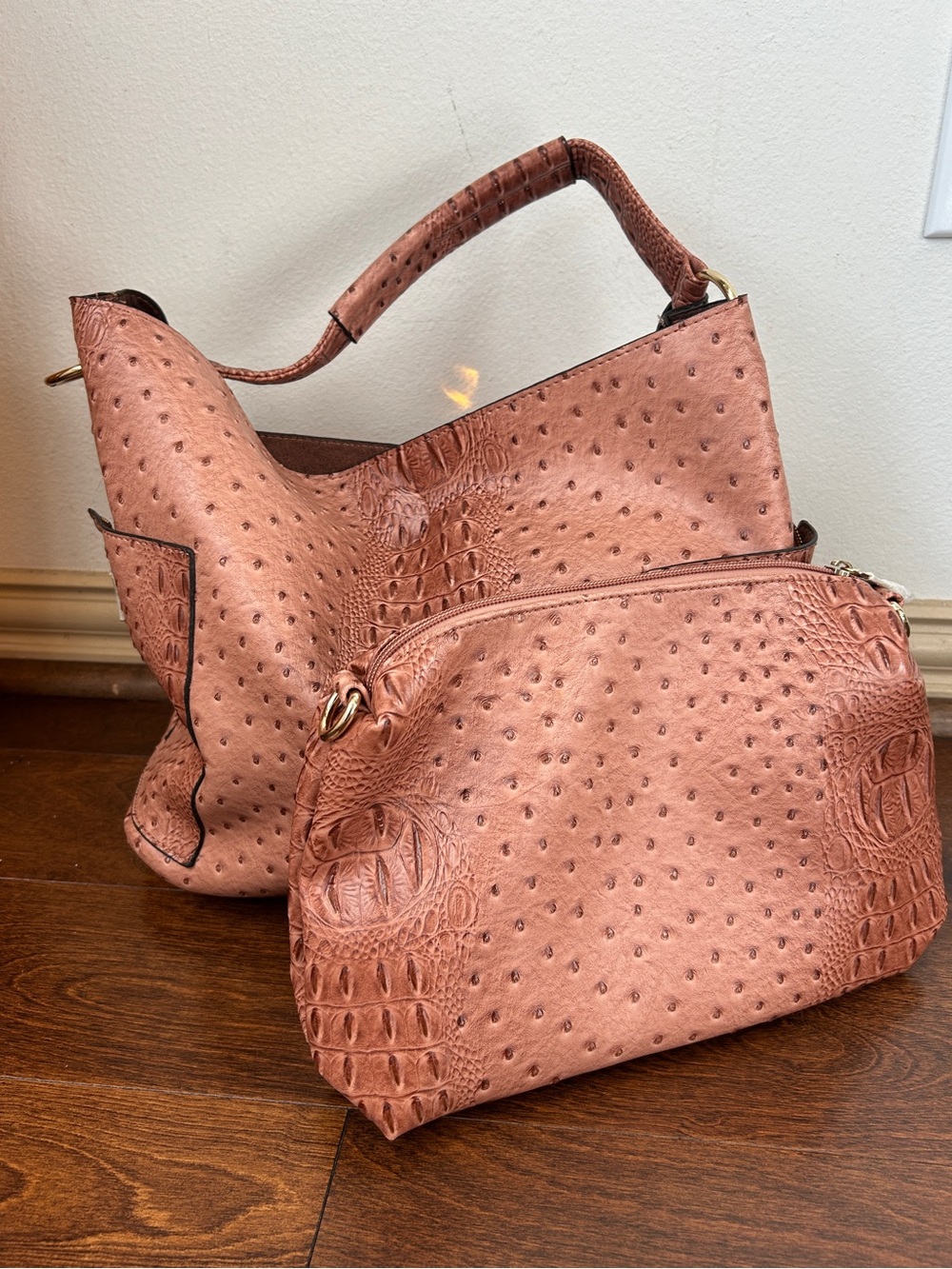 Ostrich leather pink purse and mini bag